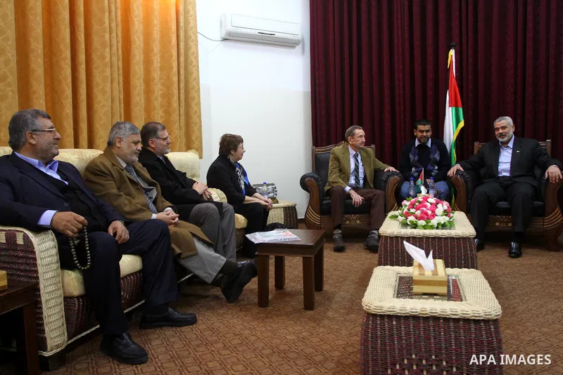 Palestinian Prime Minister in Gaza Strip, Ismail Haneya meets with former US Attorney General Ramsey Clark at Haneya's governmental headquarters in Gaza City on Jan. 5, 2011. An unofficial American delegation headed by f...