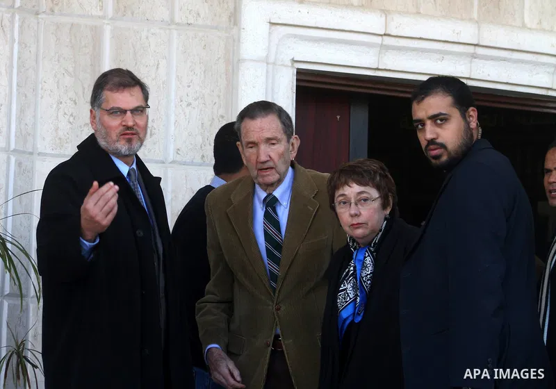 Former US Attorney General Ramsey Clark and Palestinian Prime Minister in Gaza Strip, Ismail Haneya attend a press conference in Gaza City on Jan. 5, 2011. An unofficial American delegation headed by former US Attorney G...
