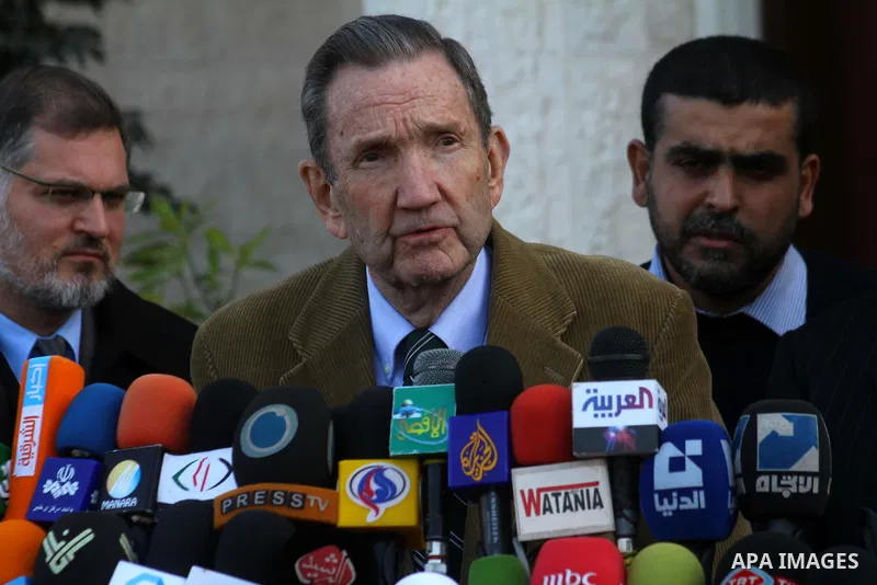 Former US Attorney General Ramsey Clark and Palestinian Prime Minister in Gaza Strip, Ismail Haneya attend a press conference in Gaza City on Jan. 5, 2011. An unofficial American delegation headed by former US Attorney G...