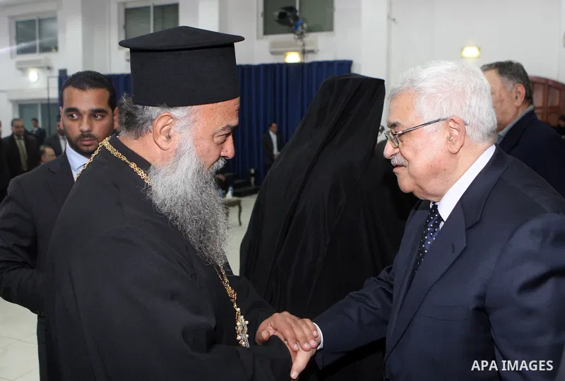 Palestinian President Mahmoud Abbas during the reception of his people, the clergy, Christians, Muslims, Druze, consuls, head of the Islamic movement, Sheikh Raed Salah, legislator from Hamas, and the peace delegation of...