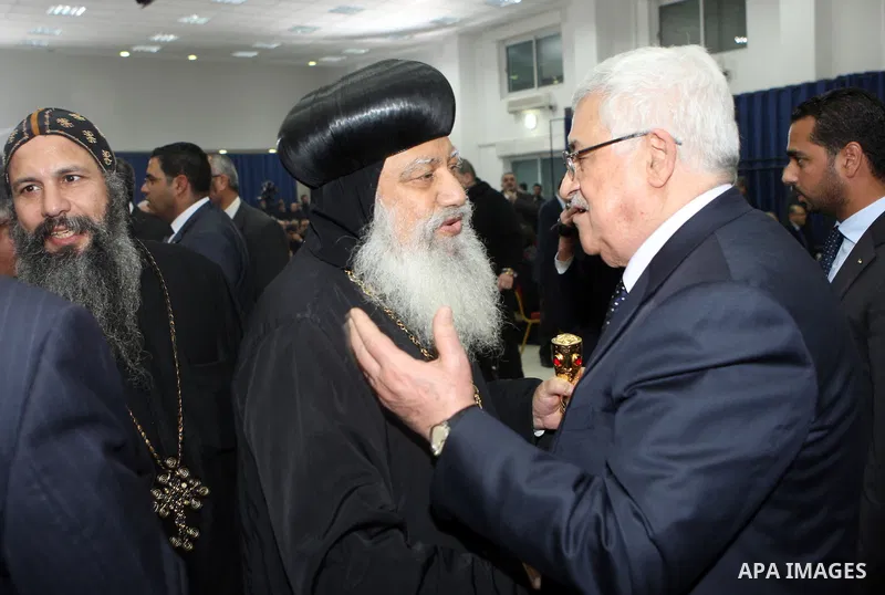 Palestinian President Mahmoud Abbas during the reception of his people, the clergy, Christians, Muslims, Druze, consuls, head of the Islamic movement, Sheikh Raed Salah, legislator from Hamas, and the peace delegation of...
