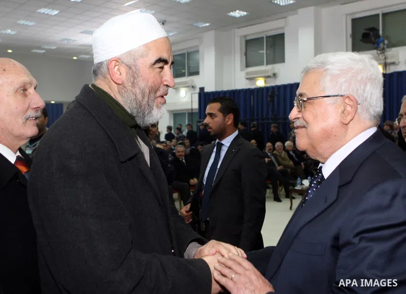 Palestinian President Mahmoud Abbas during the reception of his people, the clergy, Christians, Muslims, Druze, consuls, head of the Islamic movement, Sheikh Raed Salah, legislator from Hamas, and the peace delegation of...