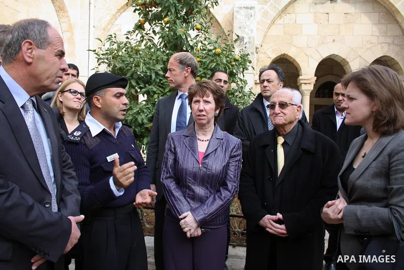 European Union High Representative for Foreign Policy and Security Policy, Catherine Ashton (C), visits the Church of the Nativity, where Christians believe the Virgin Mary gave birth to Jesus Christ, in the West Bank to...