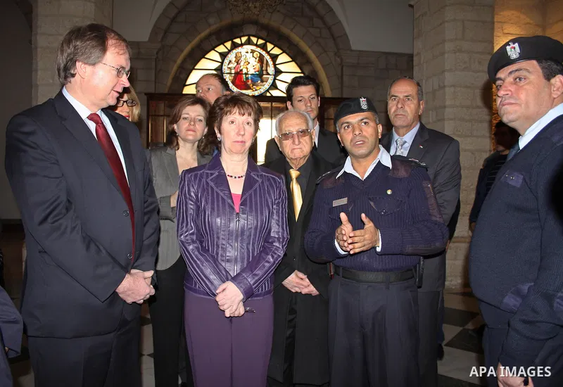 European Union High Representative for Foreign Policy and Security Policy, Catherine Ashton (C), visits the Church of the Nativity, where Christians believe the Virgin Mary gave birth to Jesus Christ, in the West Bank to...