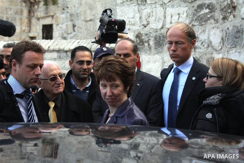 European Union High Representative for Foreign Policy and Security Policy, Catherine Ashton (C), visits the Church of the Nativity, where Christians believe the Virgin Mary gave birth to Jesus Christ, in the West Bank to...