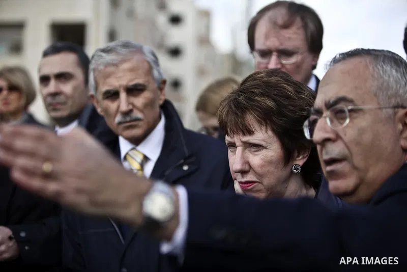 Palestinian Prime Minister, Salam Fayyad shows EU Foreign Policy Chief Catherine Ashton an area disputed with Israel on the outskirts of the West Bank city of Ramallah on January 6, 2011. Photo by Issam Rimawi