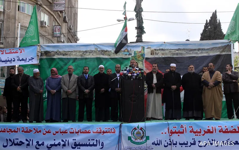 Palestinian Hamas leaders take part in a rally in Gaza city against Mahmud Abbas Authority on Jan. 7,2011. A Palestinian man was shot dead by Israeli soldiers during a raid in the West Bank to arrest suspected militants...