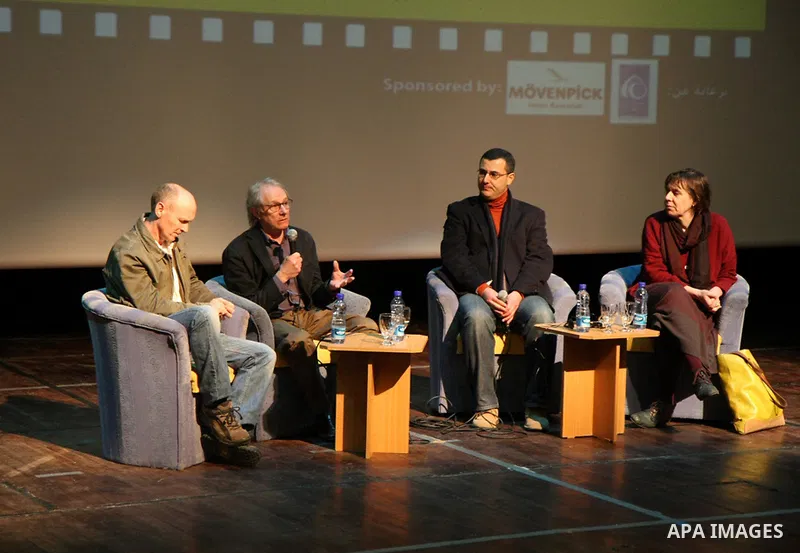 British film director Ken Loach delivers a speech during the screening of his film "The Wind That Shakes the Barley" in the West Bank city of Ramallah on January 11, 2011. Photo by Issam Rimawi