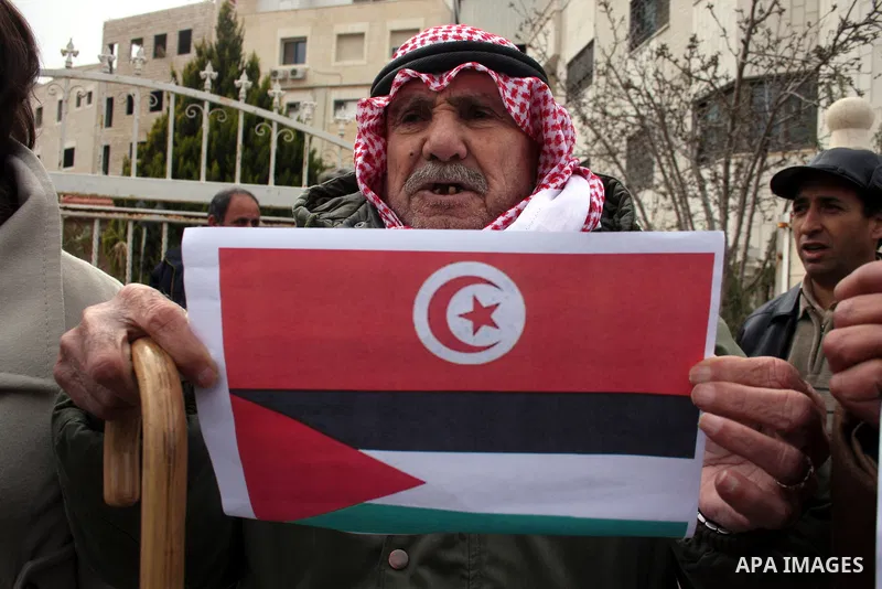 Palestinian demonstrators take part in a protest in solidarity with the Tunisian people in front of the Tunisian Embassy in the West Bank city of Ramallah January 15, 2011. The protest confirmed that the two peoples, Pal...