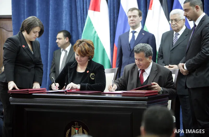 Palestinian President, Mahmoud Abbas (Abu Mazen) and the Russian President Medvedev during the signing of cooperation agreements in the West Bank City of Jericho on Jan. 18,2011. photo by Thaer Ganaim
