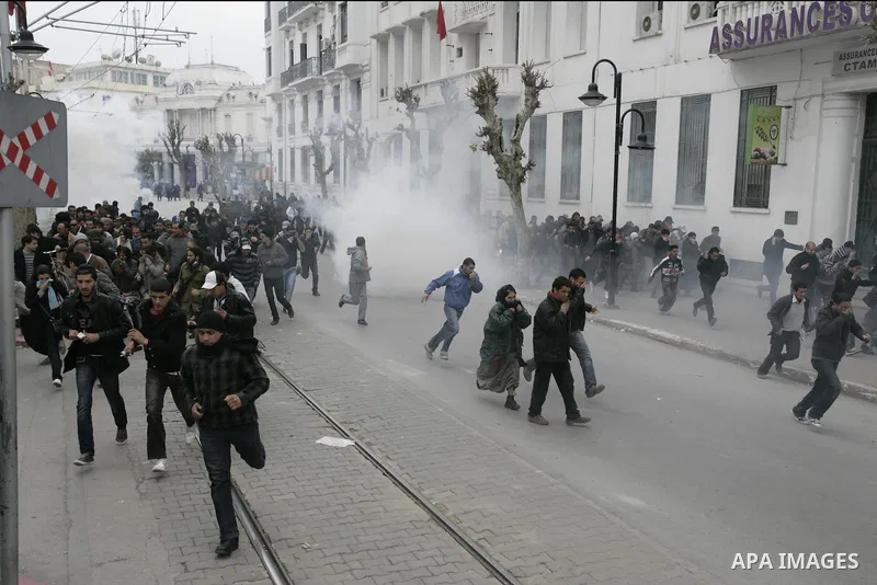 Protestors run away as police use tear gas during a demonstration against Tunisia's ruling Constitutional Democratic Rally party (RCD) in the center of Tunis, Jan. 18. 2011. Tunisian interim president Foued Mebazaa and P...