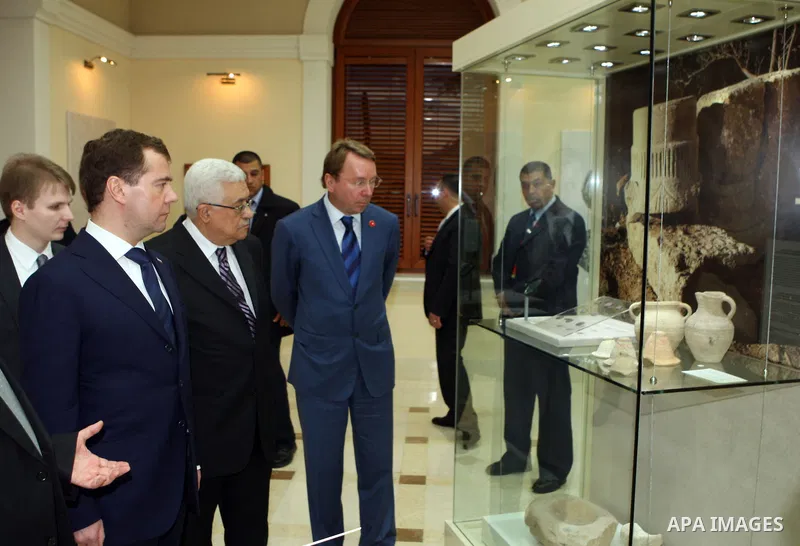 Palestinian Authority President Mahmud Abbas (R) and Russian President Dmitry Medvedev (L) during a visit to the Jericho Museum in the West Bank Oasis town of Jericho on 18 January 2011. Photo by Thaer Ganaim