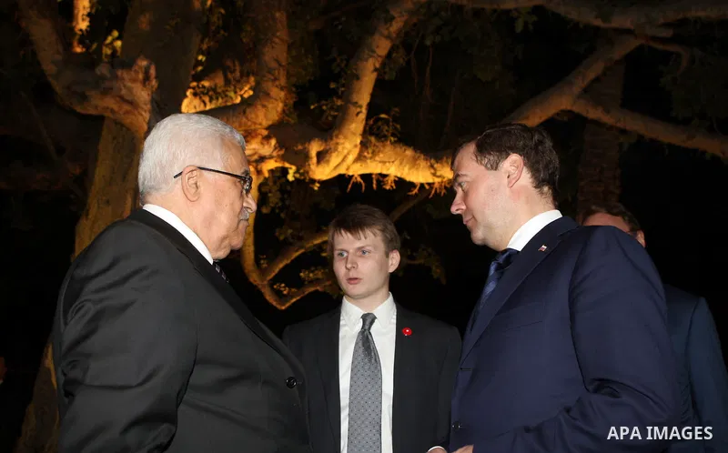 Palestinian Authority President Mahmud Abbas (L) and Russian President Dmitry Medvedev (R) during a visit to the Jericho Museum in the West Bank Oasis town of Jericho on 18 January 2011. Photo by Thaer Ganaim