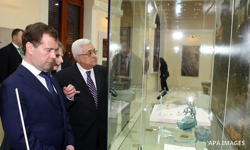 Palestinian Authority President Mahmud Abbas (R) and Russian President Dmitry Medvedev (L) visit the Jericho Museum in the West Bank Oasis town of Jericho on 18 January 2011. Photo by Thaer Ganaim