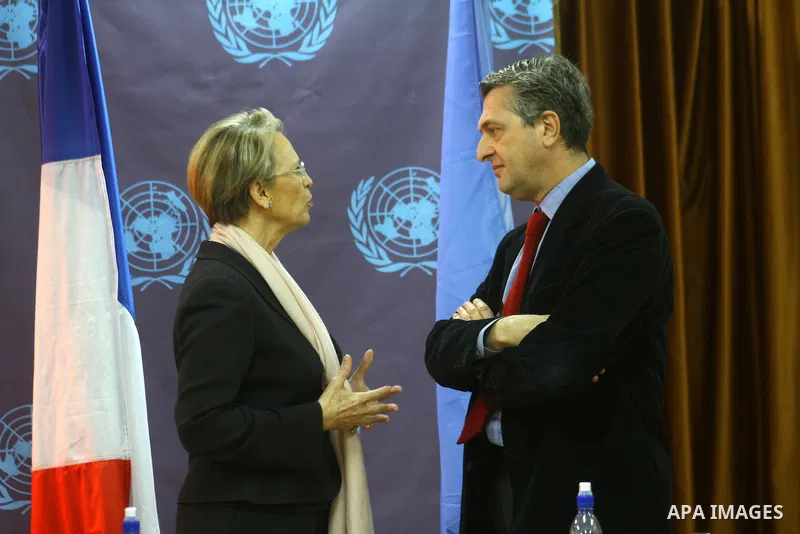 French Foreign Minister Michele Alliot Marie holds a press conference at the U.N. office in Gaza City, on Jan. 21, 2011. A crowd of furious Palestinian protesters tried to block the French foreign minister on her way int...