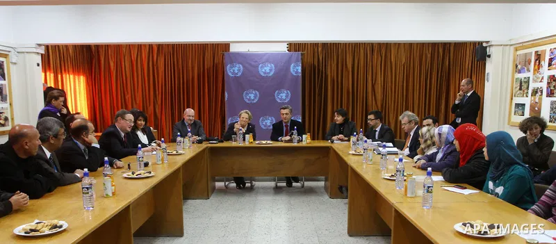 French Foreign Minister Michele Alliot Marie holds a press conference at the U.N. office in Gaza City, on Jan. 21, 2011. A crowd of furious Palestinian protesters tried to block the French foreign minister on her way int...