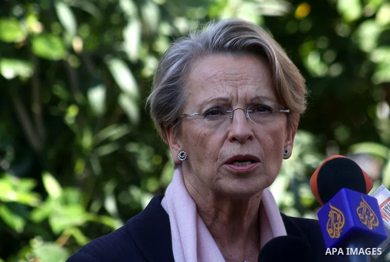 French Foreign Minister Michele Alliot-Marie speaks during a press conference at the French Institute in Gaza City, on Jan. 21, 2011. A crowd of furious Palestinian protesters tried to block the French foreign minister o...