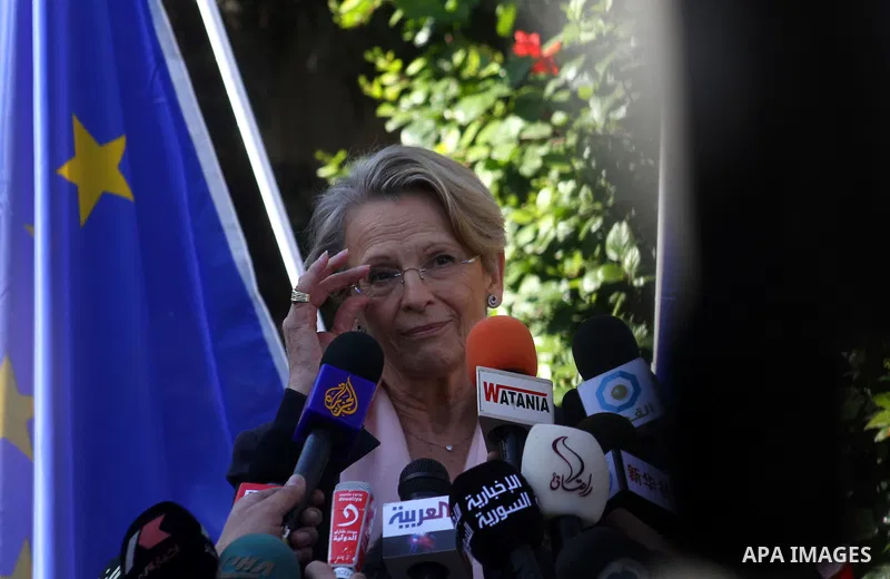 French Foreign Minister Michele Alliot-Marie speaks during a press conference at the French Institute in Gaza City, on Jan. 21, 2011. A crowd of furious Palestinian protesters tried to block the French foreign minister o...