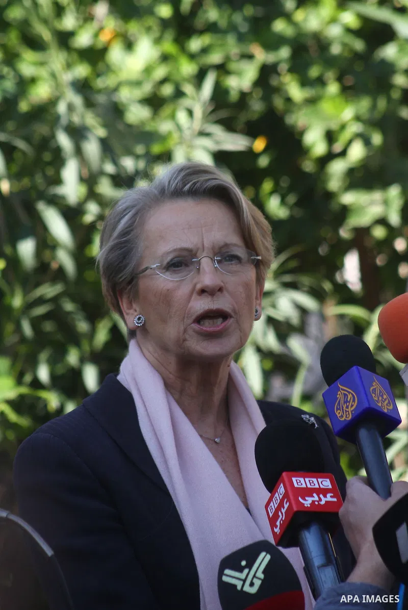 French Foreign Minister Michele Alliot-Marie speaks during a press conference at the French Institute in Gaza City, on Jan. 21, 2011. A crowd of furious Palestinian protesters tried to block the French foreign minister o...