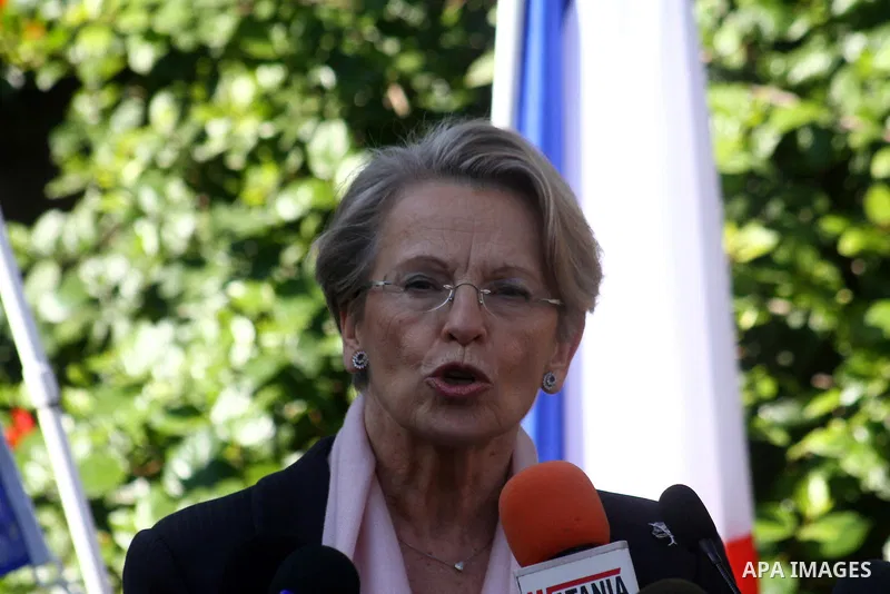 French Foreign Minister Michele Alliot-Marie speaks during a press conference at the French Institute in Gaza City, on Jan. 21, 2011. A crowd of furious Palestinian protesters tried to block the French foreign minister o...