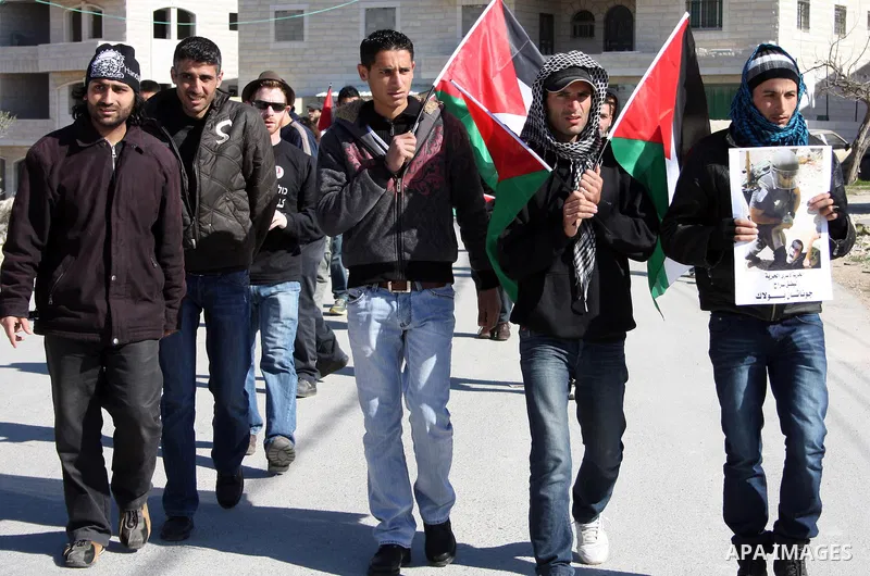 Palestinian, Israeli and foreign protesters take part in a demonstration against Israel's controversial separation barrier in the West Bank village of Maasarah, near Bethlehem, on January 21, 2011. Israel says the networ...