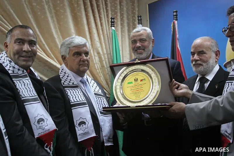 Palestinian Prime Minister in Gaza Strip, Ismail Haniyeh during a meeting with members of the Libyan convoy " Al-Quds 5 ", in Gaza city on Jan. 22, 2011. Photo by Mohammed Asad