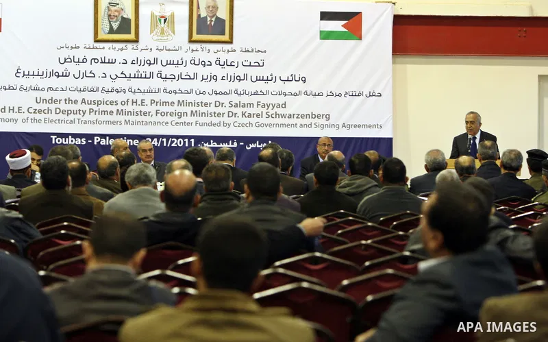 Palestinian Prime Minister, Salam Fayyad Czech's Foreign Minister, Karel Schwarzenberg attend the opening ceremony of the Electrical Transformers maintenance in the West Bank town of Tubas on Jan. 24,2011. Photo by Musta...