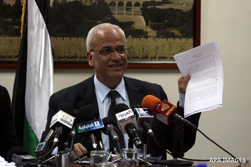 Saeb Erakat, top Palestinian negotiator speaks during a press conference at his office in the West Bank city of Ramallah on Jan. 29, 2011. Photo by Issam Rimawi