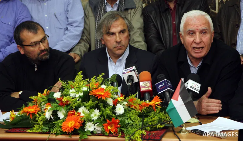 Azzam Al Ahmad, head of Fatah's parliamentary bloc, and a parliamentary delegation of Chile during a joint news conference on the recognition of the Chilean Palestinian state,on, Jan. 30, 2011. photo by Issam Rimawi