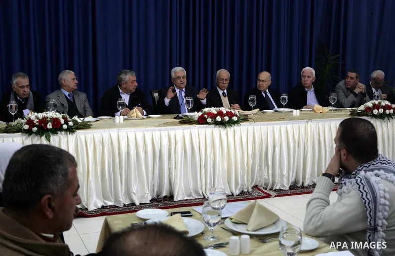Palestinian President Mahmoud Abbas meets with governors and security chiefs in the attendance of members of the Central Committee of Fatah movement at the presidential headquarters in the West Bank city of Ramallah on J...