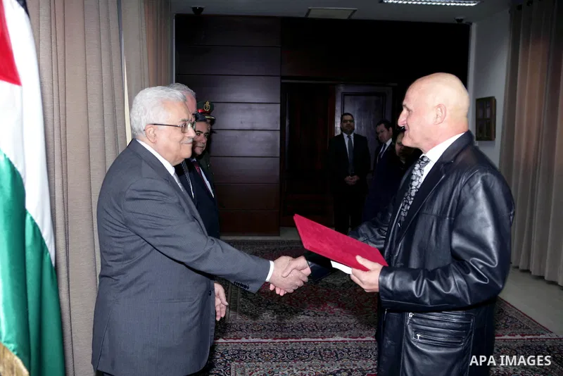 Palestinian President Mahmoud Abbas accepts the credentials of Mr. Leonard Mall, Representative of the Republic of Austria as Ambassador to the Palestinian National Authority in the West Bank city of Ramallah on Feb. 3,...