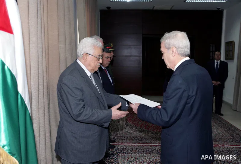 Palestinian President Mahmoud Abbas accepts the credentials of Mr. Jorge Osa Arnjuah Representative of the Republic of Chile as Ambassador to the Palestinian National Authority in the West Bank city of Ramallah on Feb. 3...