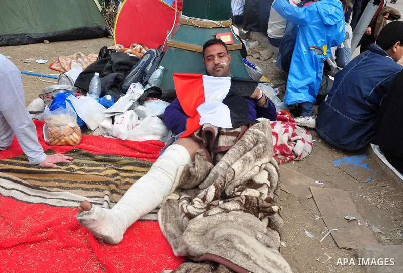 Anti-government protestors camp in Tahrir Square, Cairo, Egypt, Saturday, Feb. 5, 2011. President Barack Obama said Egypt's Hosni Mubarak should do the statesmanlike thing and make a quick handoff to a more representativ...