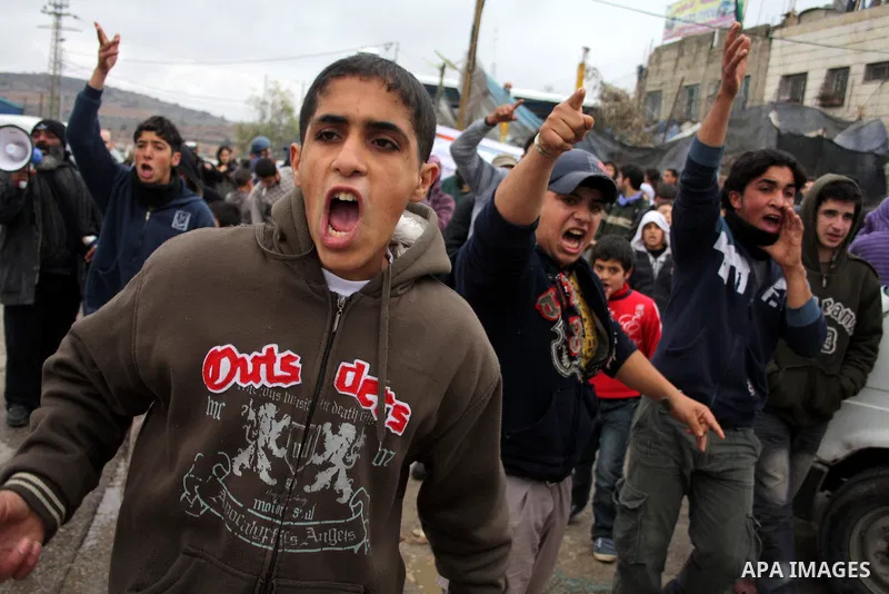 Demonstrators consisting of Palestinians, foreign protesters and leftwing Israeli peace activists take part in a demonstration against the Israeli controversial separation barrier in the West Bank village of Beit Omar, n...