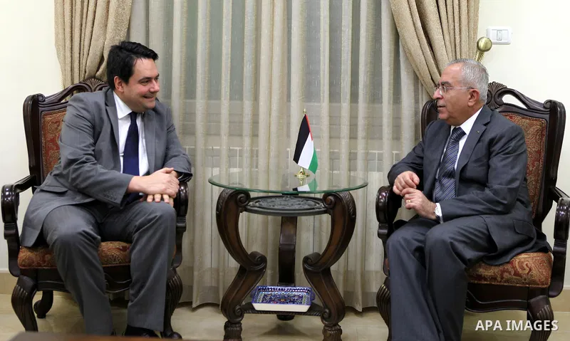 Palestinian Prime Minister Salam Fayyad during a meeting with Stephen Twigg Shadow Foreign Office Minister of UK in the West Bank city of Ramallah on Feb. 6,2011. Photo by Mustafa Abu Dayeh