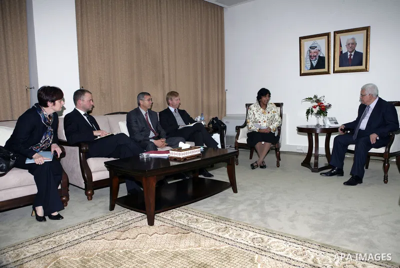 Palestinian President Mahmoud Abbas during a meeting of the High Commissioner for Human Rights, Nava Pillay in the West Bank city of Ramallah, on Feb. 7, 2011. photo by Thaer Ganaim