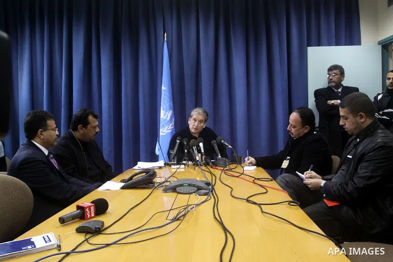 The spokesman for the UN Relief and Works Agency "UNRWA" in the Middle East, Christopher Gunness delivers speech during a press conference in Gaza city on Feb. 9,2011. Photo by Mohammed Asad