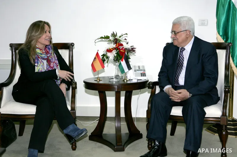 Palestinian President Mahmoud Abbas during a meeting with the Spanish Foreign Minister, Trinidad Jimenez in the West Bank city of Ramallah, on Feb. 9, 2011. photo by Thaer Ganaim