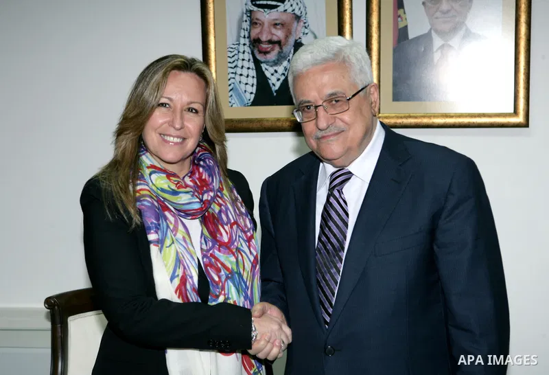 Palestinian President Mahmoud Abbas during a meeting with the Spanish Foreign Minister, Trinidad Jimenez in the West Bank city of Ramallah, on Feb. 9, 2011. photo by Thaer Ganaim