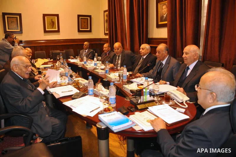 Members of the Egyptian Constitutional Commission participate in a meeting in Cairo, Egypt, Feb. 9,2011. Photo by Ahmed Asad