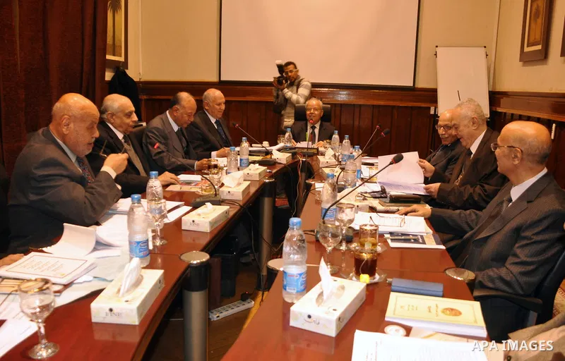 Members of the Egyptian Constitutional Commission participate in a meeting in Cairo, Egypt, Feb. 9,2011. Photo by Ahmed Asad