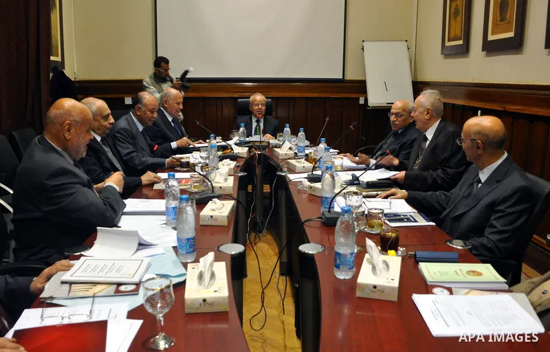 Members of the Egyptian Constitutional Commission participate in a meeting in Cairo, Egypt, Feb. 9,2011. Photo by Ahmed Asad