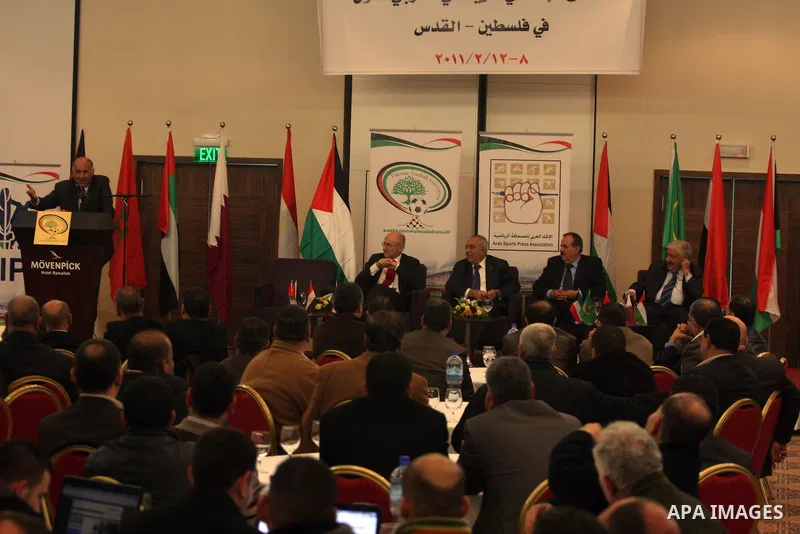 Palestinains attend the opening of the Arab Media Forum Sports first in Palestine in West Bank city of Ramallah on February 9, 2011. Photo by Issam Rimawi