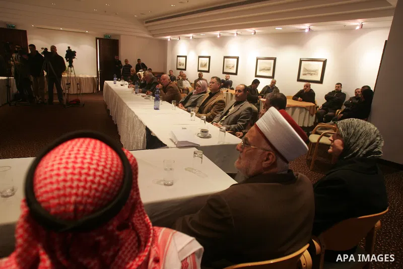 Palestinians attend a press conference to solidarity with the Egyptian people, in Jerusalem, on Feb. 10,2011. Photo by Mahfouz Abu Turk
