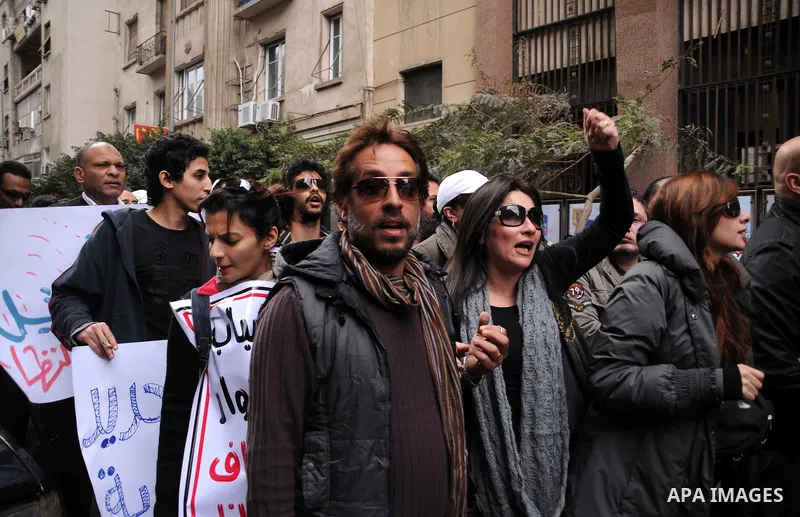 Artists take part in the anti-government demonstration in Tahrir Square in downtown Cairo, Egypt on Feb. 10,2010. Tahrir Square has witnessed an explosion of political expression and free speech since the anti-government...