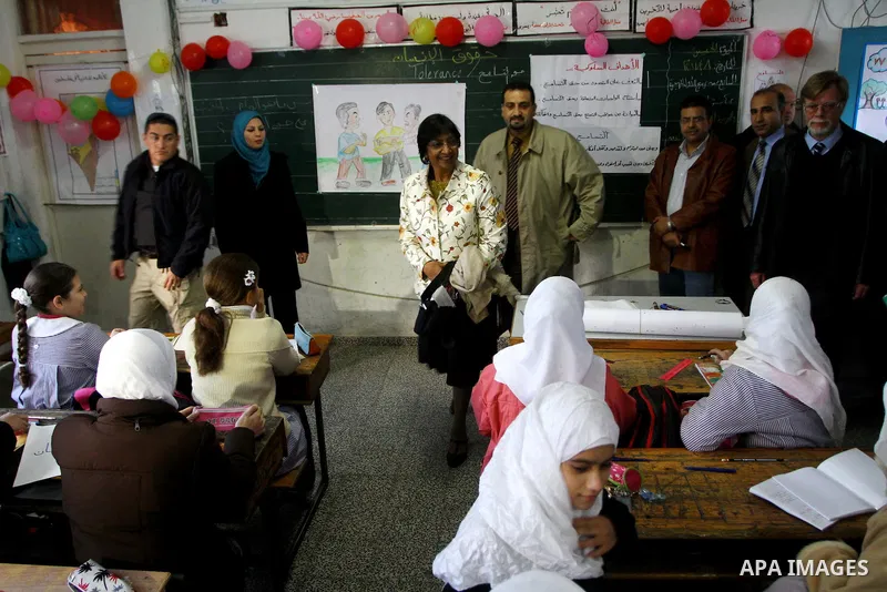 United Nations High Commissioner for Human Rights Navanethem Pillay visits to an Elementary UNRWA school in Gaza City, Thursday, Feb. 10, 2011. Pillay is on an official visit to the region.. Photo by Ashraf Amra