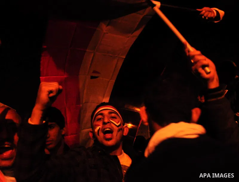 Anti-government protesters react as Egyptian President Hosni Mubarak makes a televised statement to his nation in Tahrir Square in downtown Cairo, Egypt Thursday, Feb. 10, 2011. Photo by Ahmed Asad