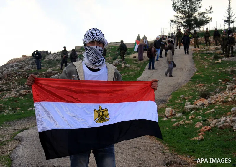 A Palestinian protester holds an Egyptian flag during the weekly demonstration against Israel's separation barrier in the West Bank village of Bilin near Ramallah, Friday, Feb. 11, 2011. Photo by Wagdi Eshtayah