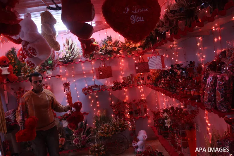 A Palestinian vendor prepares gifts for Valentine's Day at a shop in Gaza City on February 13, 2010. Valentine's Day marks a Christian holiday on Feb, 14. Photo by Mohammed Asad