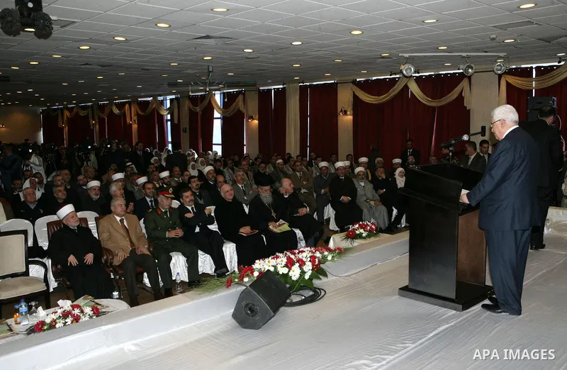 Palestinian President Mahmoud Abbas participates in the ceremony of "birth of the Prophet Muhammad" in the West Bank city of Ramallah February 14, 2011. Photo by Thaer Ganaim